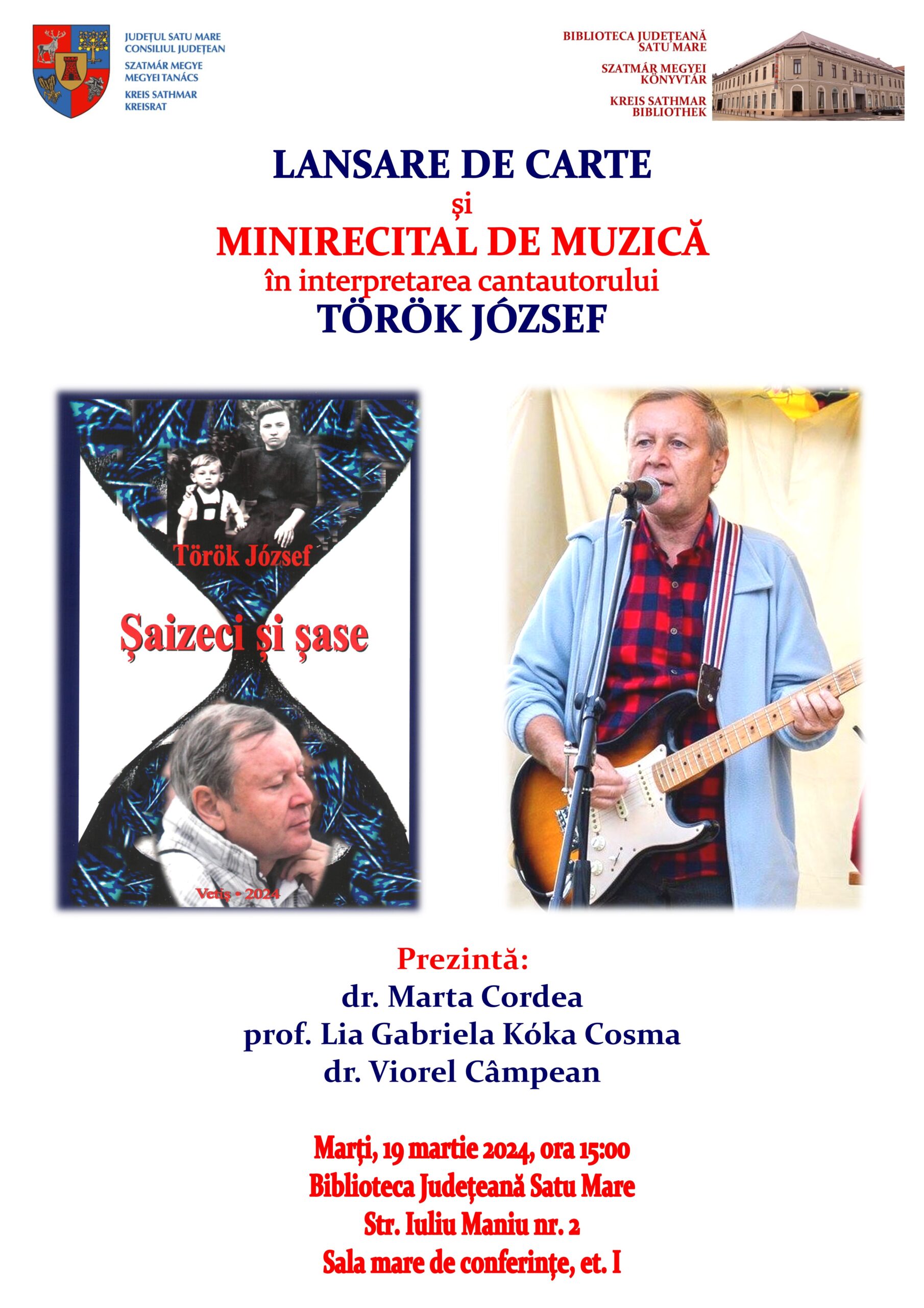 Eveniment editorial și minirecital de muzică la Biblioteca Județeană Satu Mare: Török József, în postura de scriitor și cantautor