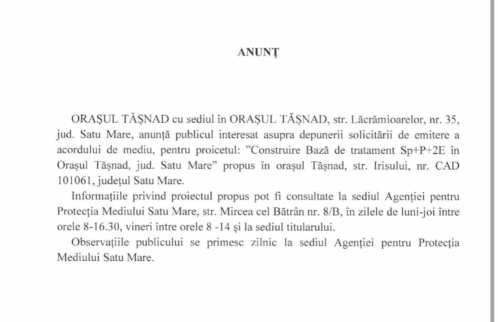 ANUNȚ ORAȘUL TĂȘNAD