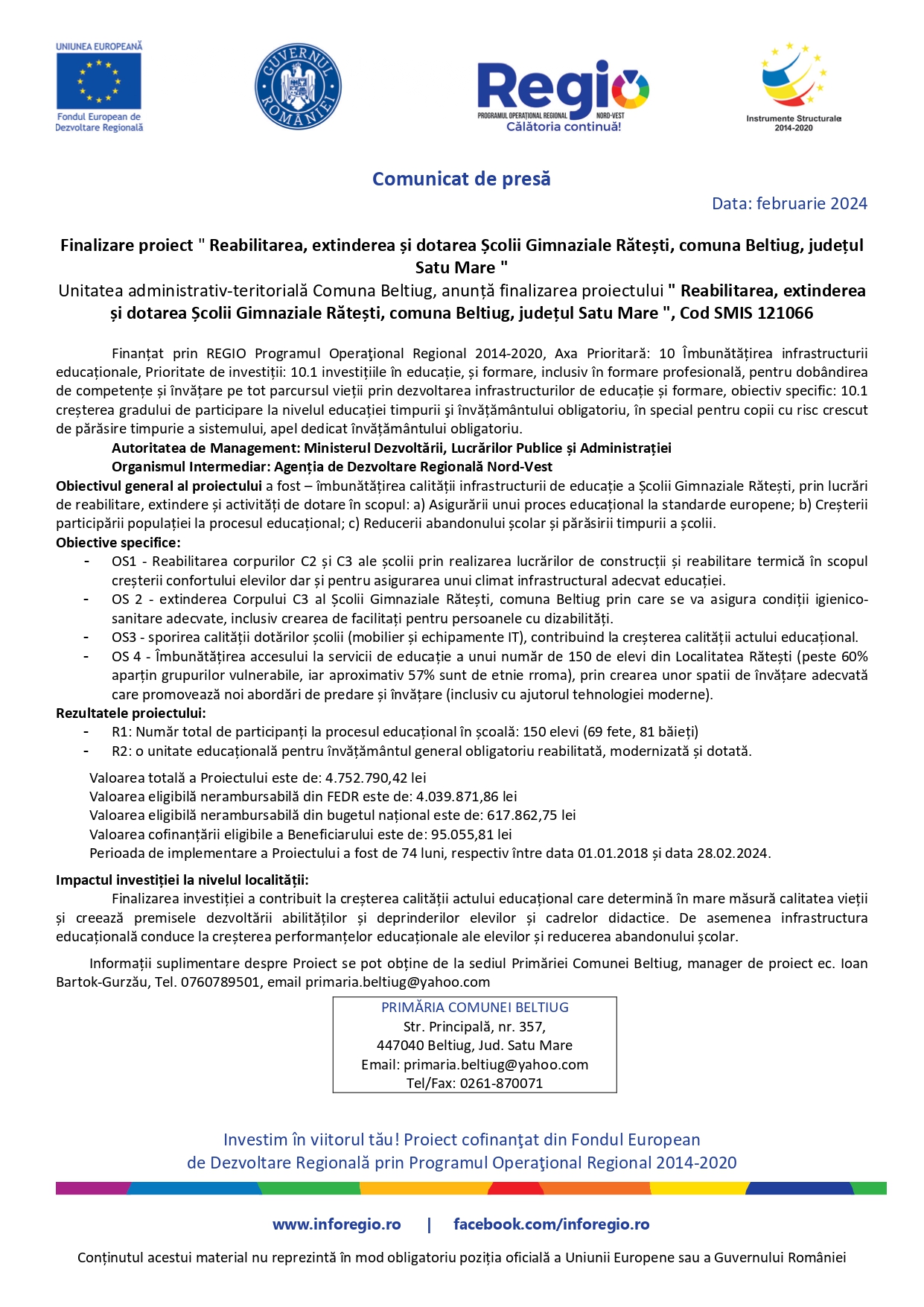 Finalizare proiect "Reabilitarea, extinderea și dotarea Școlii Gimnaziale Rătești, comuna Beltiug, județul Satu Mare"