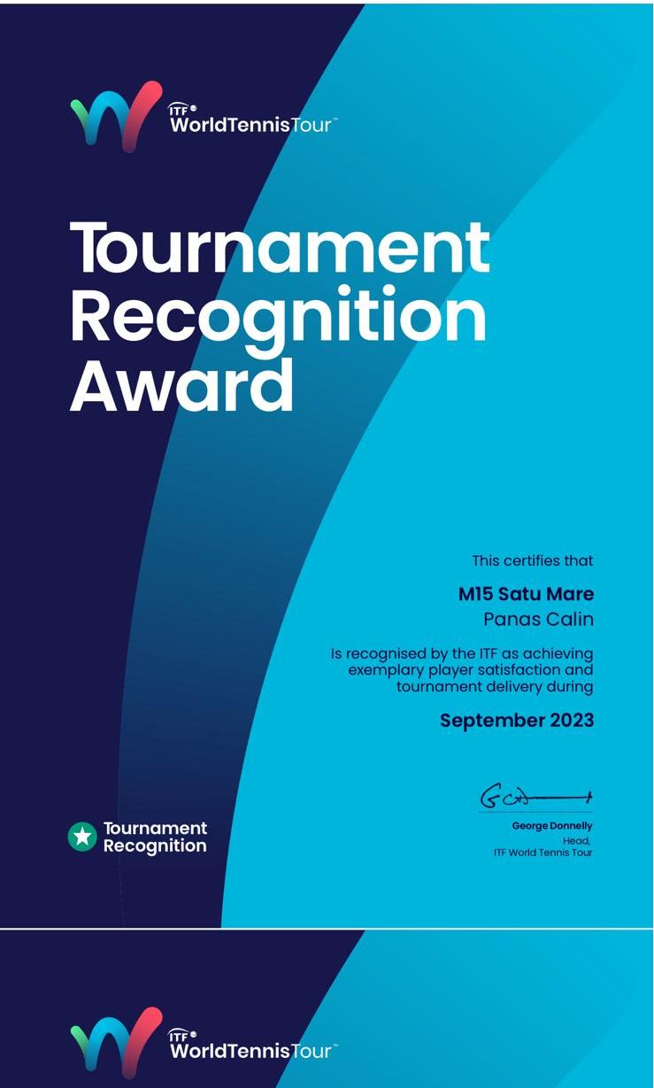 ”ITF Tournament Recognition Award” primit de organizatorul turneului M15 Match Point Trophy Satu Mare