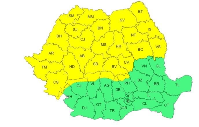 ATENȚIONARE METEOROLOGICĂ . COD GALBEN DE INSTABILITATE ATMOSFERICĂ ÎN JUDEȚ