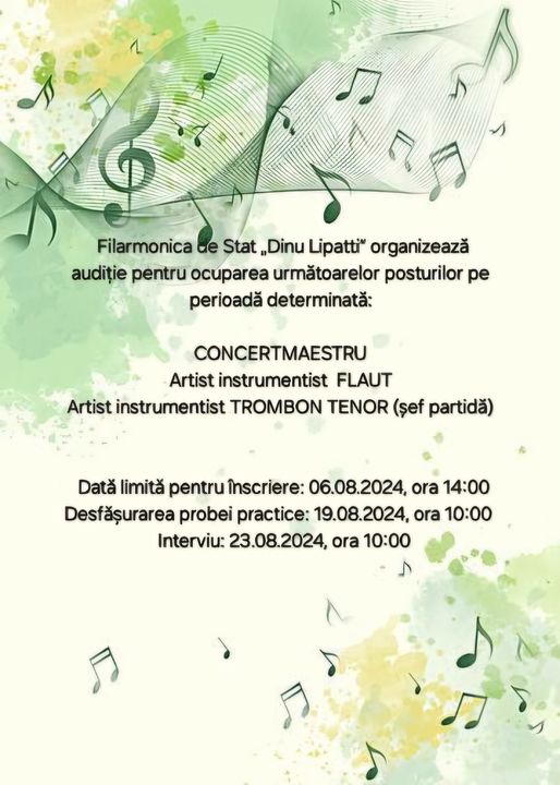 Filarmonica de Stat „Dinu Lipatti” Satu Mare anunță audiție pentru noi talente muzicale