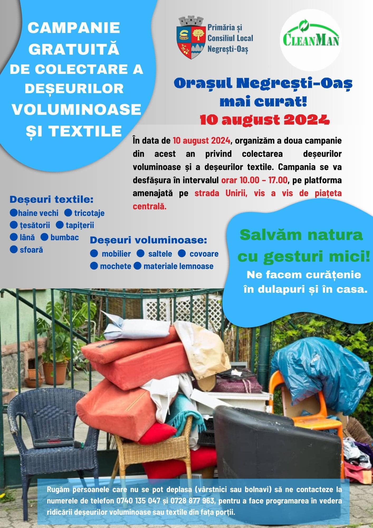 Orașul Negrești Oaș mai curat! Campanie gratuită de colectare a deșeurilor voluminoase și textile