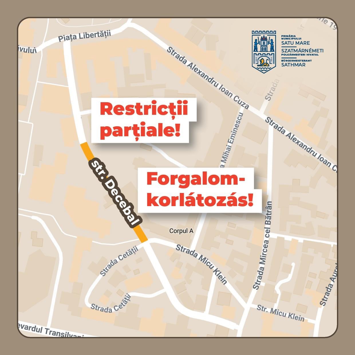 Se aplică restricții de circulație pe strada Decebal de la Colegiul Național ,,Mihai Eminescu’’ până în Piața Libertății