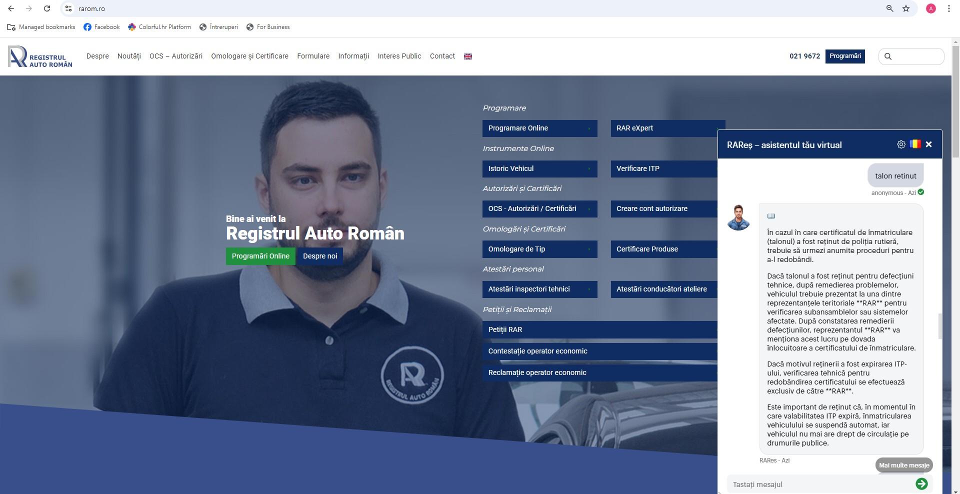 Chatbotul RAReș, disponibil pe site-ul Registrului Auto Român