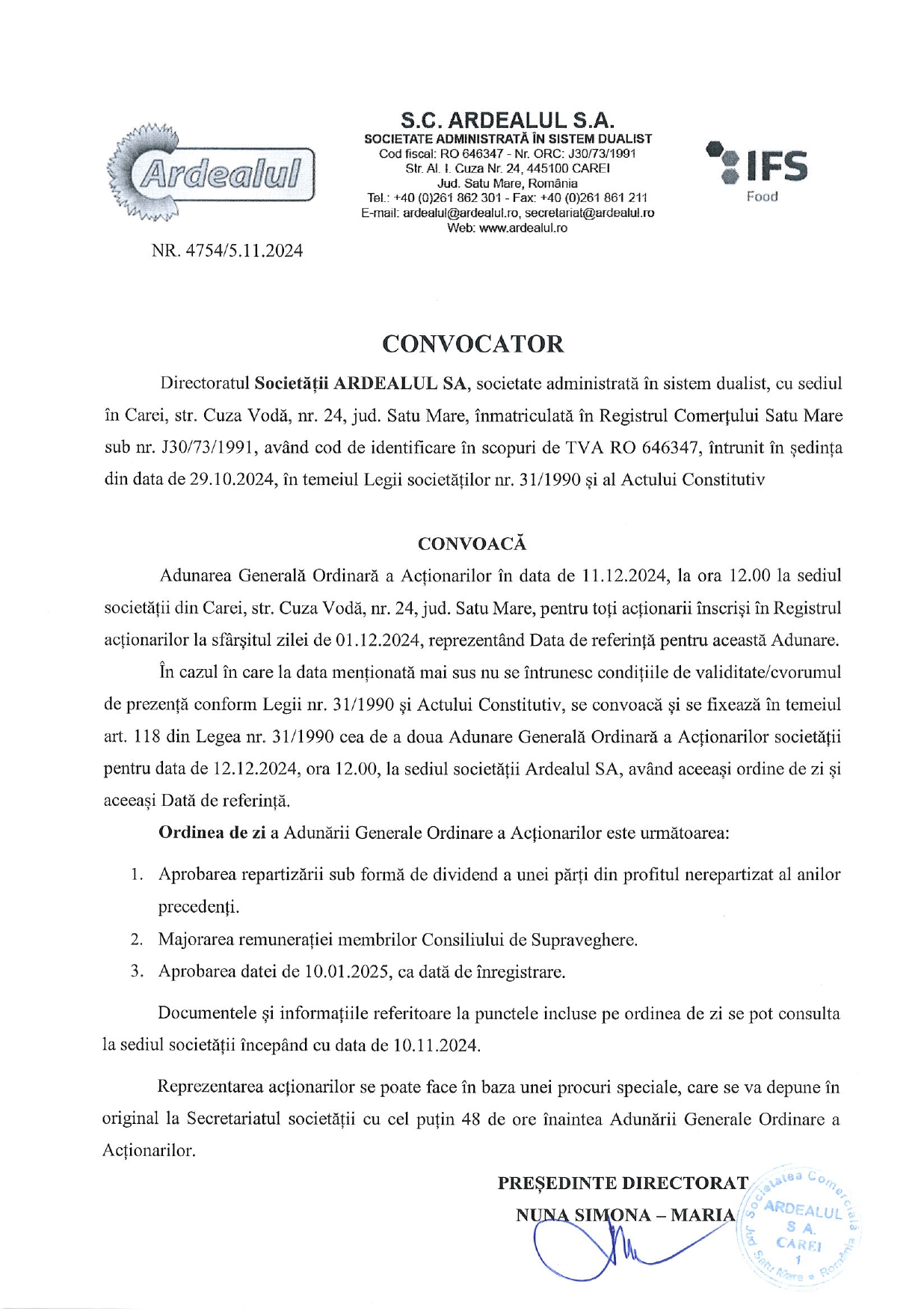 Convocator AGA - Ardealul S.A.