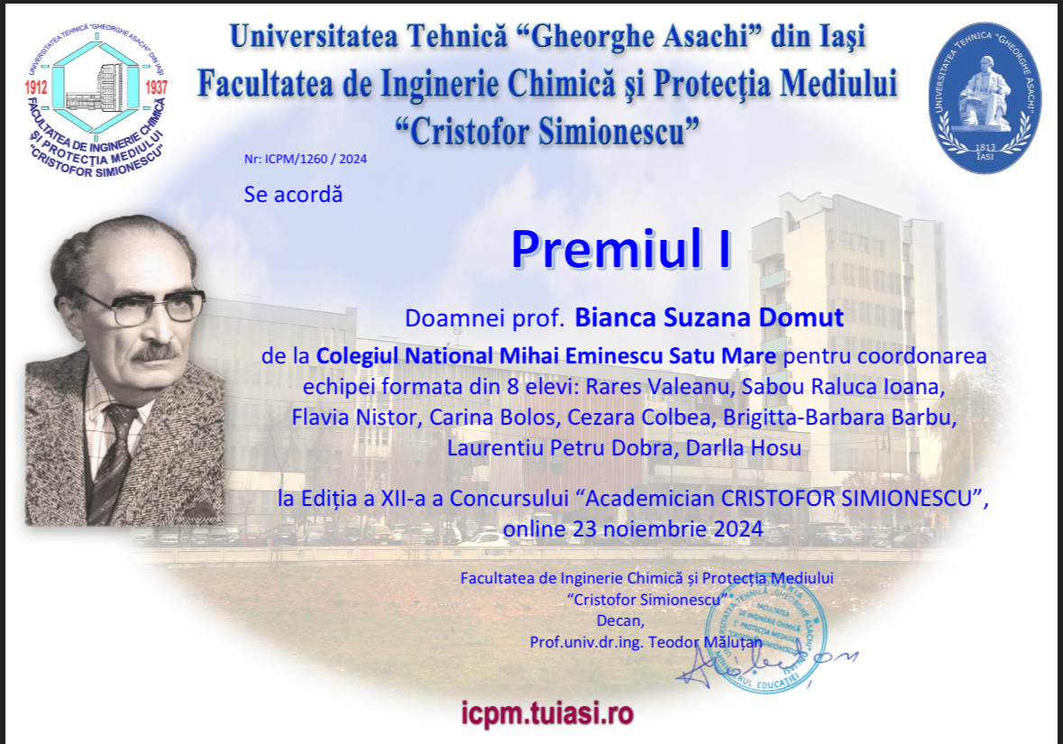 Colegiul Național ,,Mihai Eminescu” pe podium la cea de-a XII-a ediție a Concursului de chimie “Academician Cristofor Simionescu”