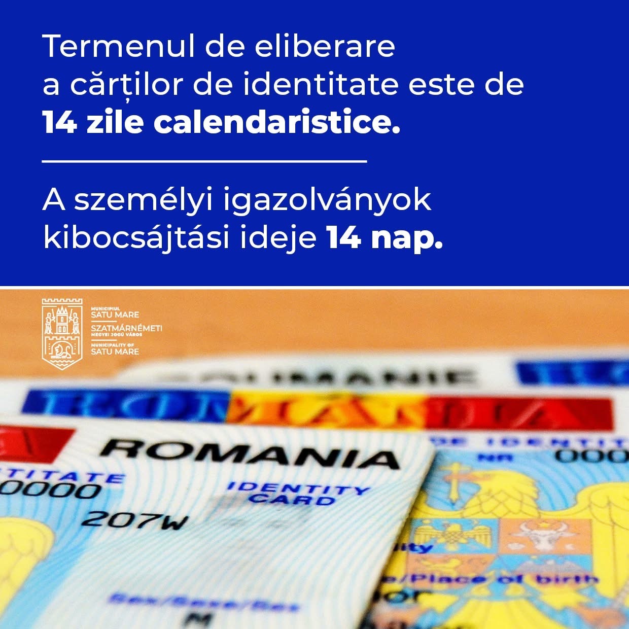 Direcția de Evidență a Persoanelor informează că termenul de eliberare a cărților de identitate este de 14 zile
