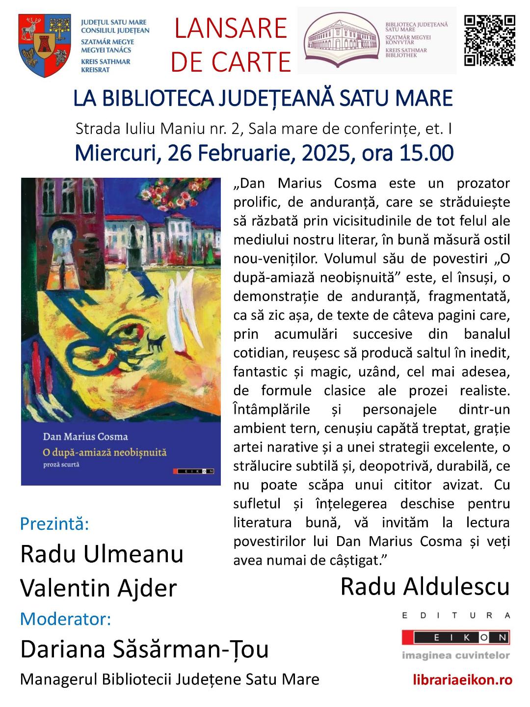 Dan Marius Cosma își lansează cel mai recent volum la Biblioteca Județeană Satu Mare