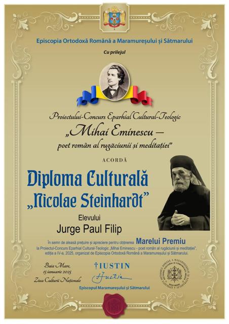Eminescienii sătmăreni, premiați de Episcopia Ortodoxă. Marele premiu și două premii întâi