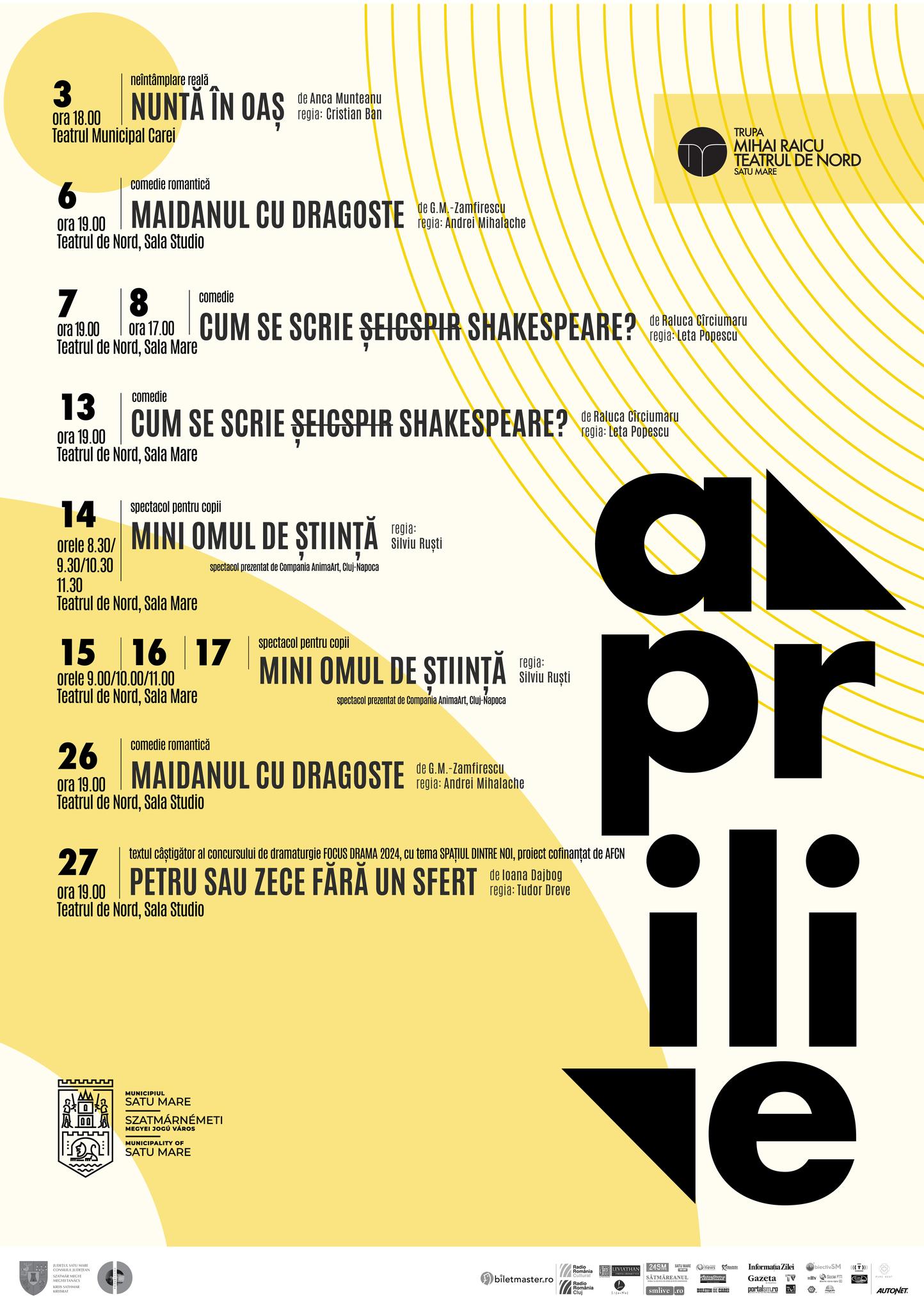 Programul spectacolelor de la Teatrul de Nord, Trupa Mihai Raicu, în luna aprilie.