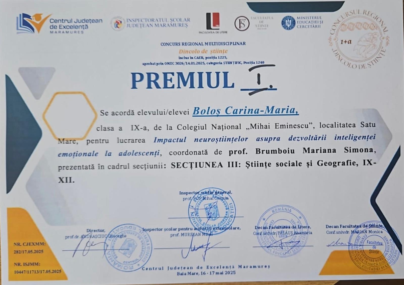 Eminescienele Boloș Carina Maria și Simo Cristina Dimitra au obținut premiul I la concursul ,,Dincolo de științe”