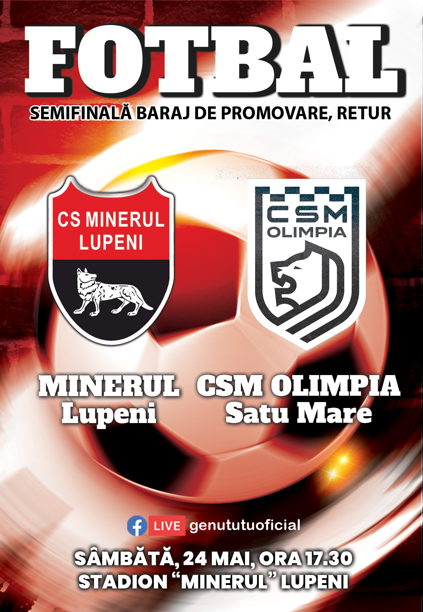 Baraj pentru Liga a 2-a! Unde se vede meciul decisiv dintre Minerul Lupeni și CSM Olimpia Satu Mare