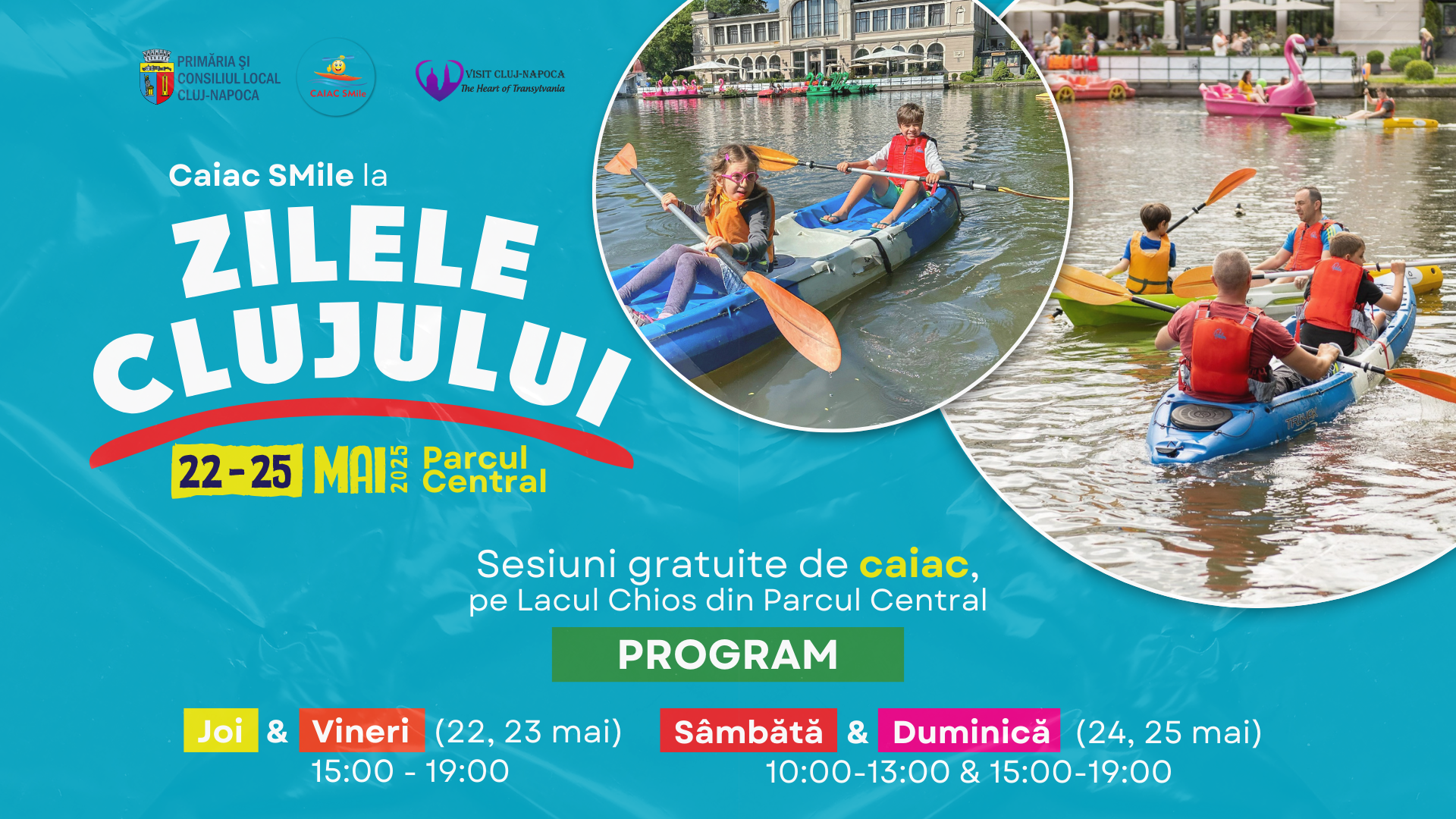 Sătmărenii de la Caiac SMile aduc din nou culoare pe lacul Chios din Parcul Central cu ocazia Zilelor Clujulu