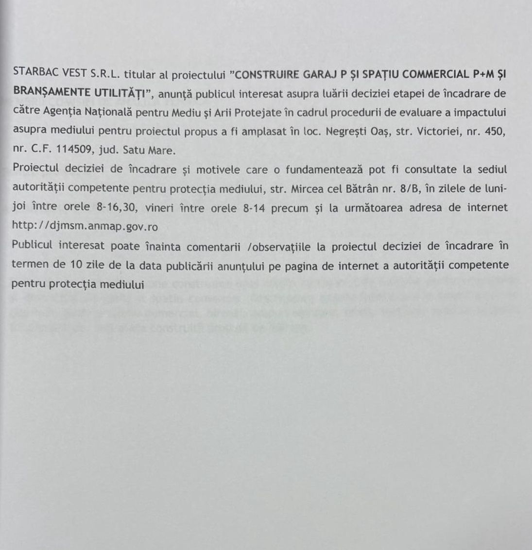 Anunț public privind proiectul „Construire garaj P și spațiu comercial P+M și branșamente utilități”