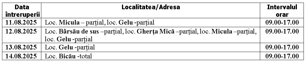 DISTRIBUȚIE ENERGIE ELECTRICĂ ROMANIA S.A. - Sucursala Satu Mare anunţă întreruperea alimentării cu energie electrică