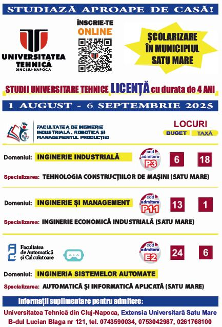 Primăria Satu Mare sprijină promovarea ofertei educaționale a Universității Tehnice din Cluj-Napoca – Extensia Satu Mare