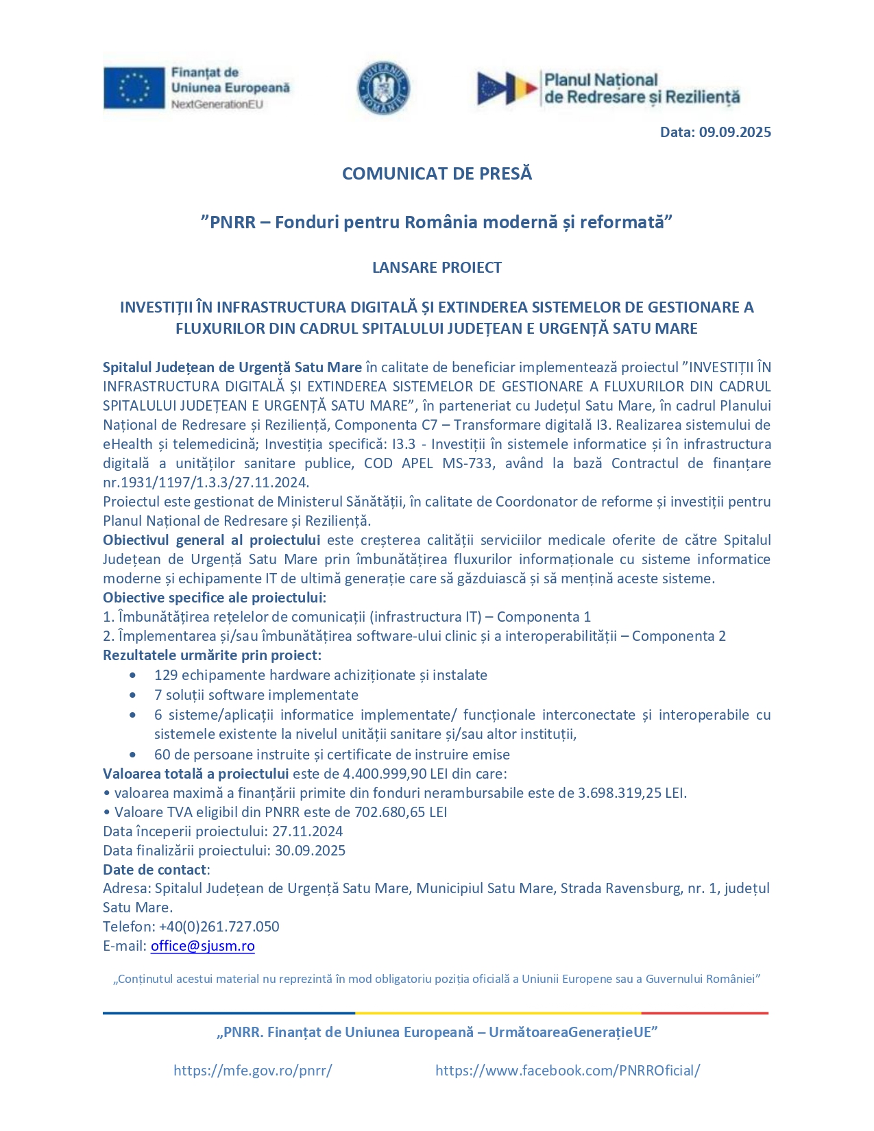 ”PNRR – Fonduri pentru România modernă și reformată”. Lansare proiect