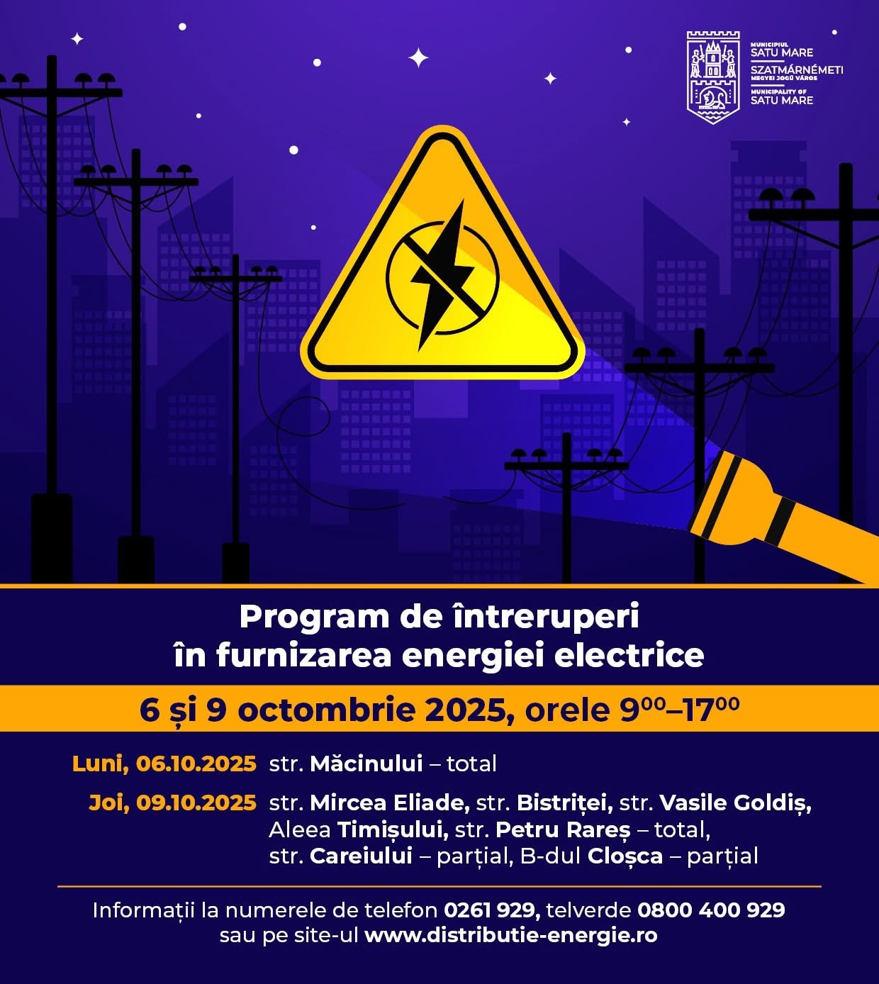 Întreruperi programate în furnizarea energiei electrice la Satu Mare, în 6 și 9 octombrie