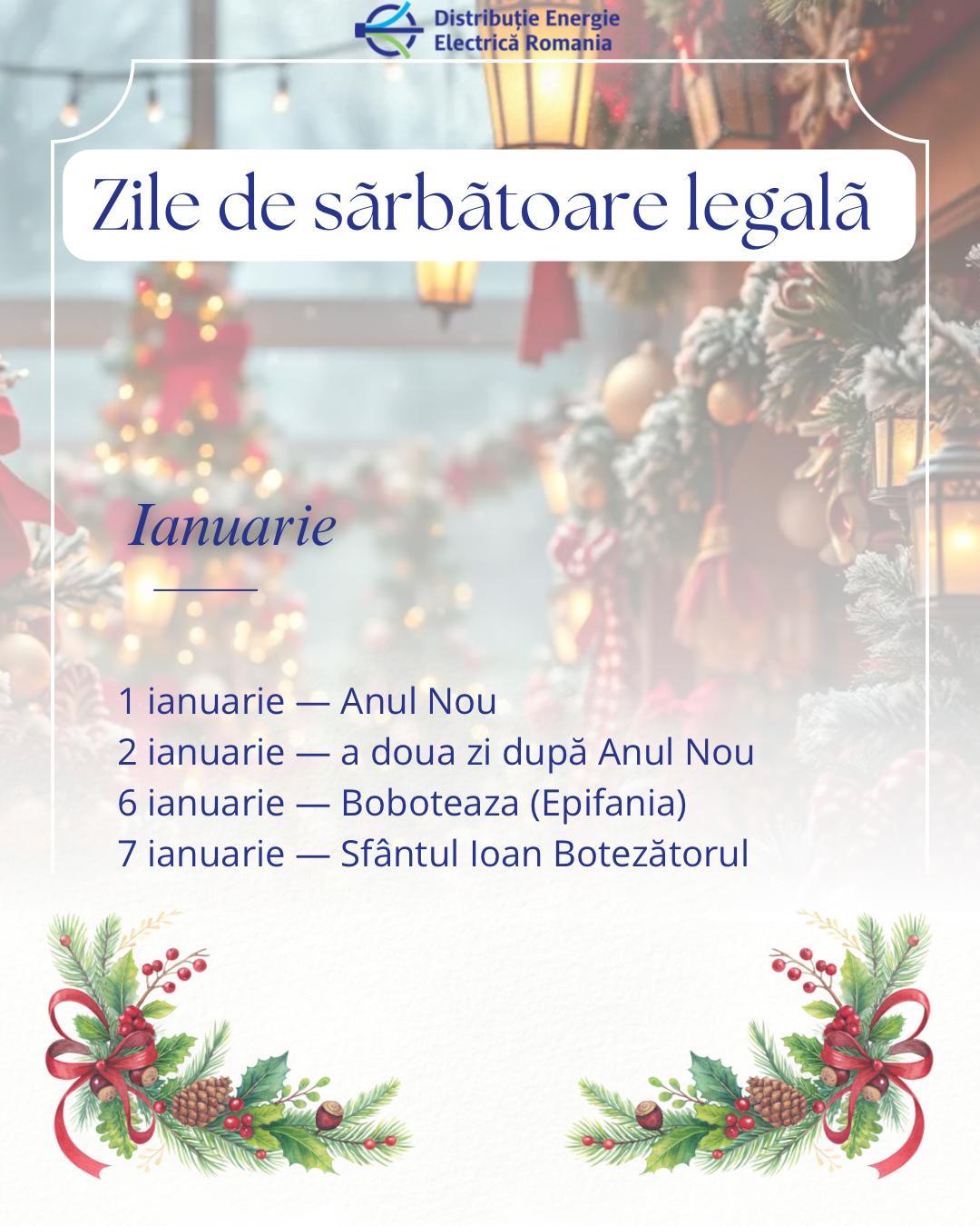 Programul Centrelor de Relații cu Utilizatorii DEER în zilele de sărbătoare legală – 01, 02 ianuarie 2026 și 06, 07 ianuarie 2026