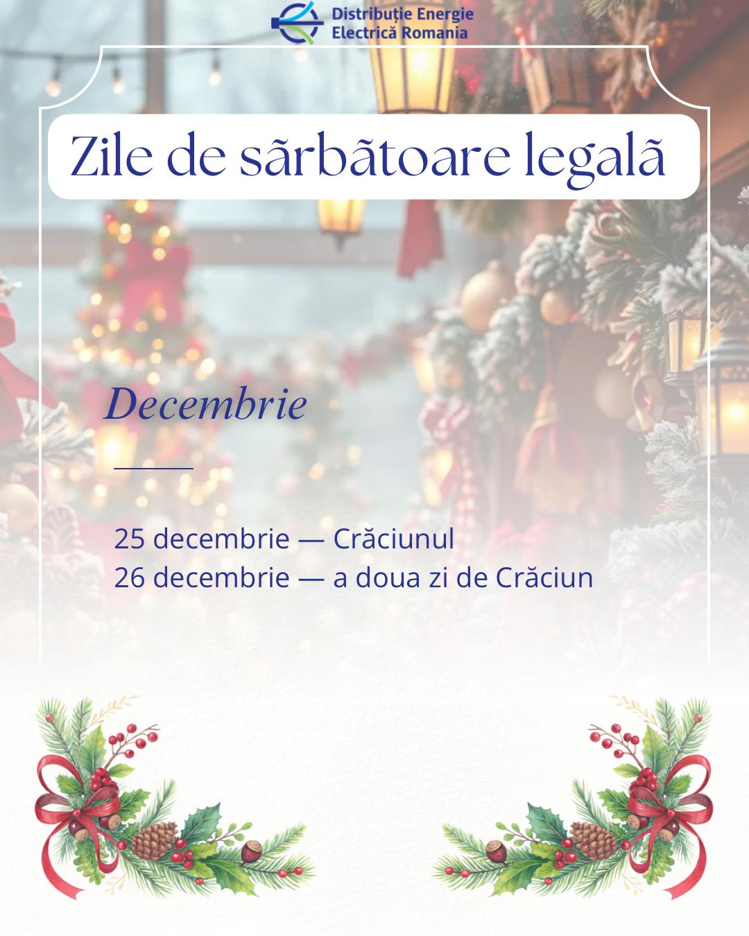 Programul Centrelor de Relații cu Utilizatorii DEER în zilele de sărbătoare legală – 25 și 26 Decembrie 2025