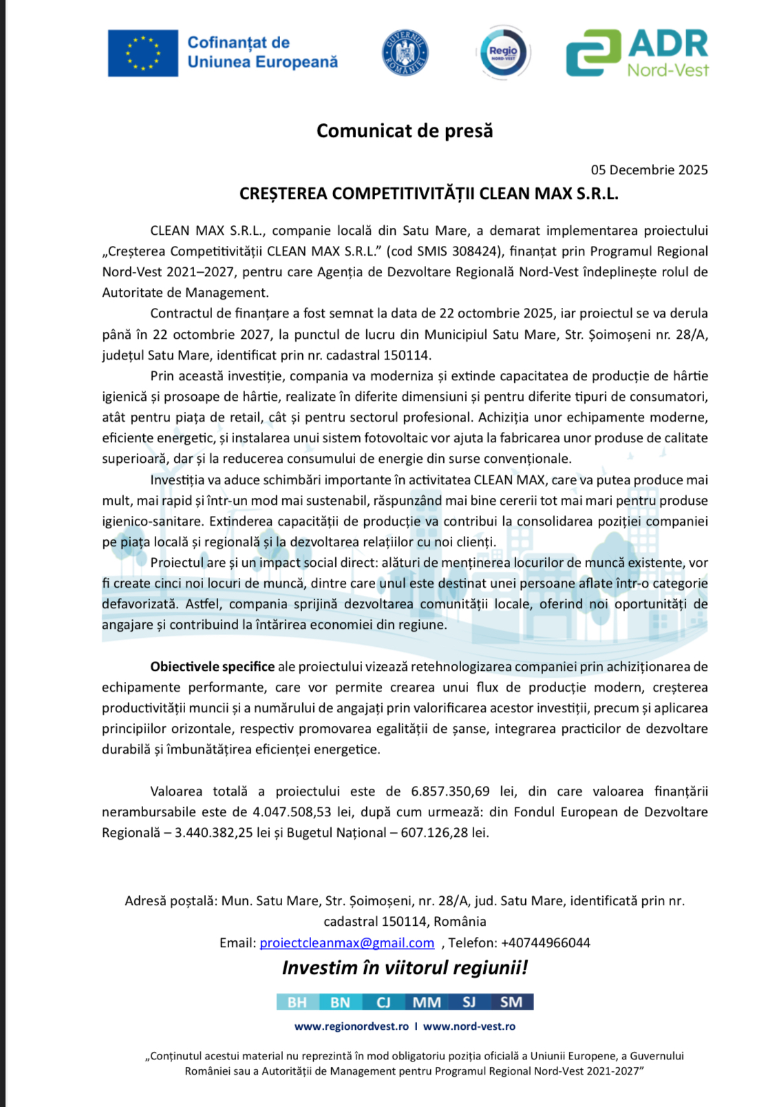 CLEAN MAX investește peste 6,8 milioane lei în modernizarea și extinderea producției la Satu Mare