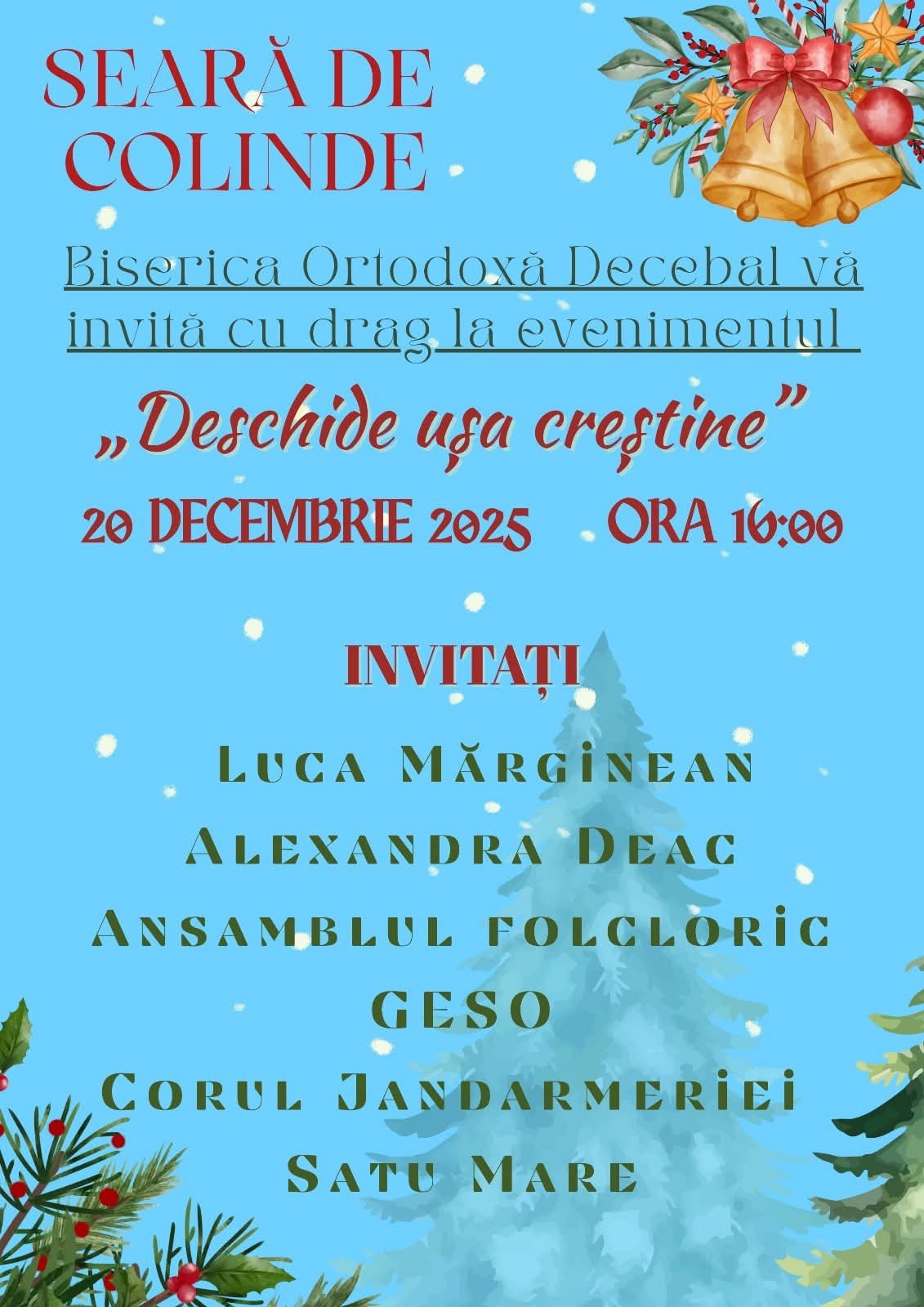 TRADIȚIE Seară de colinde la Biserica Ortodoxă Decebal – „Deschide ușa creștine”, un eveniment al bucuriei și comuniunii