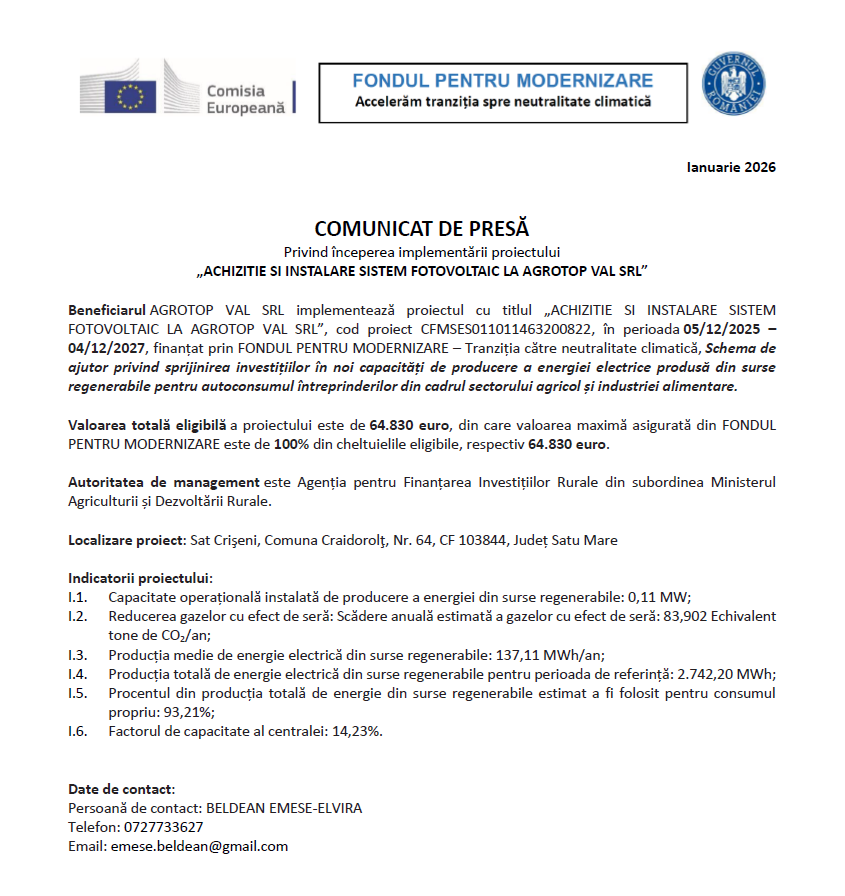 ACHIZITIE SI INSTALARE SISTEM FOTOVOLTAIC LA AGROTOP VAL SRL