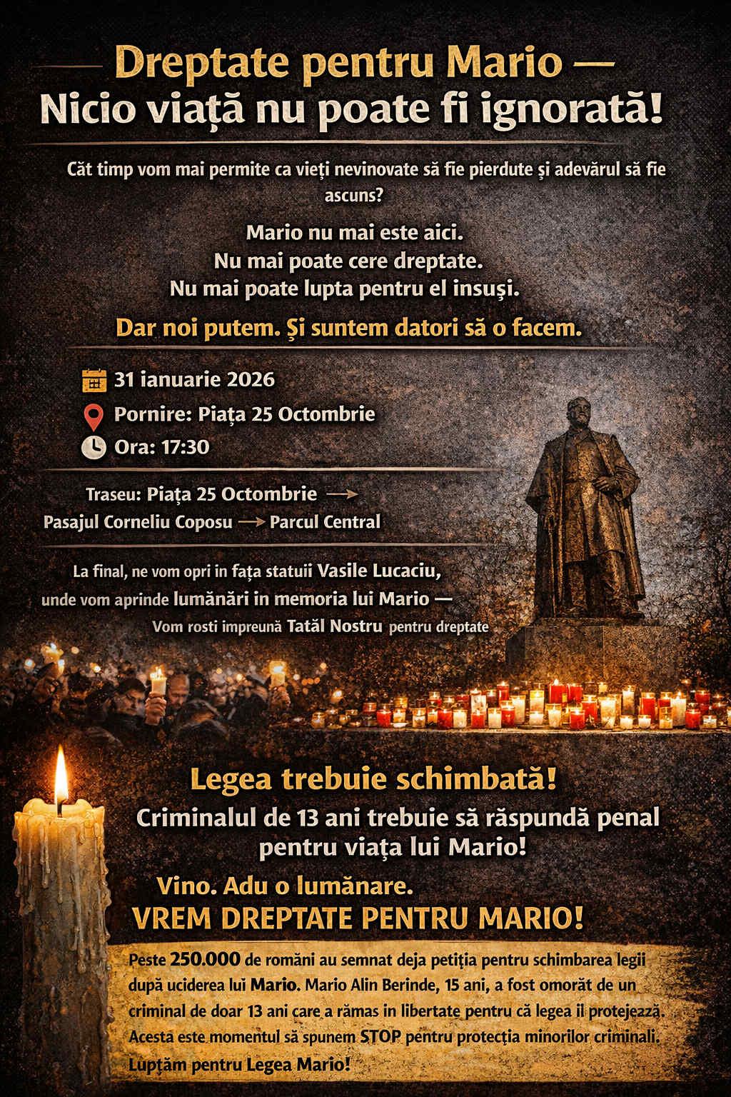 Marș pentru dreptate în memoria lui Mario la Satu Mare: apel public pentru schimbarea legii