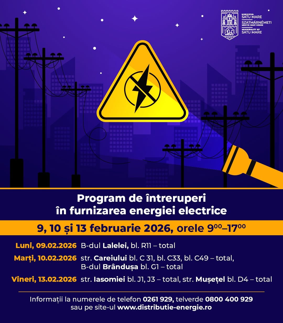 Întreruperi programate în furnizarea energiei electrice în Satu Mare, în perioada 9–13 februarie 2026