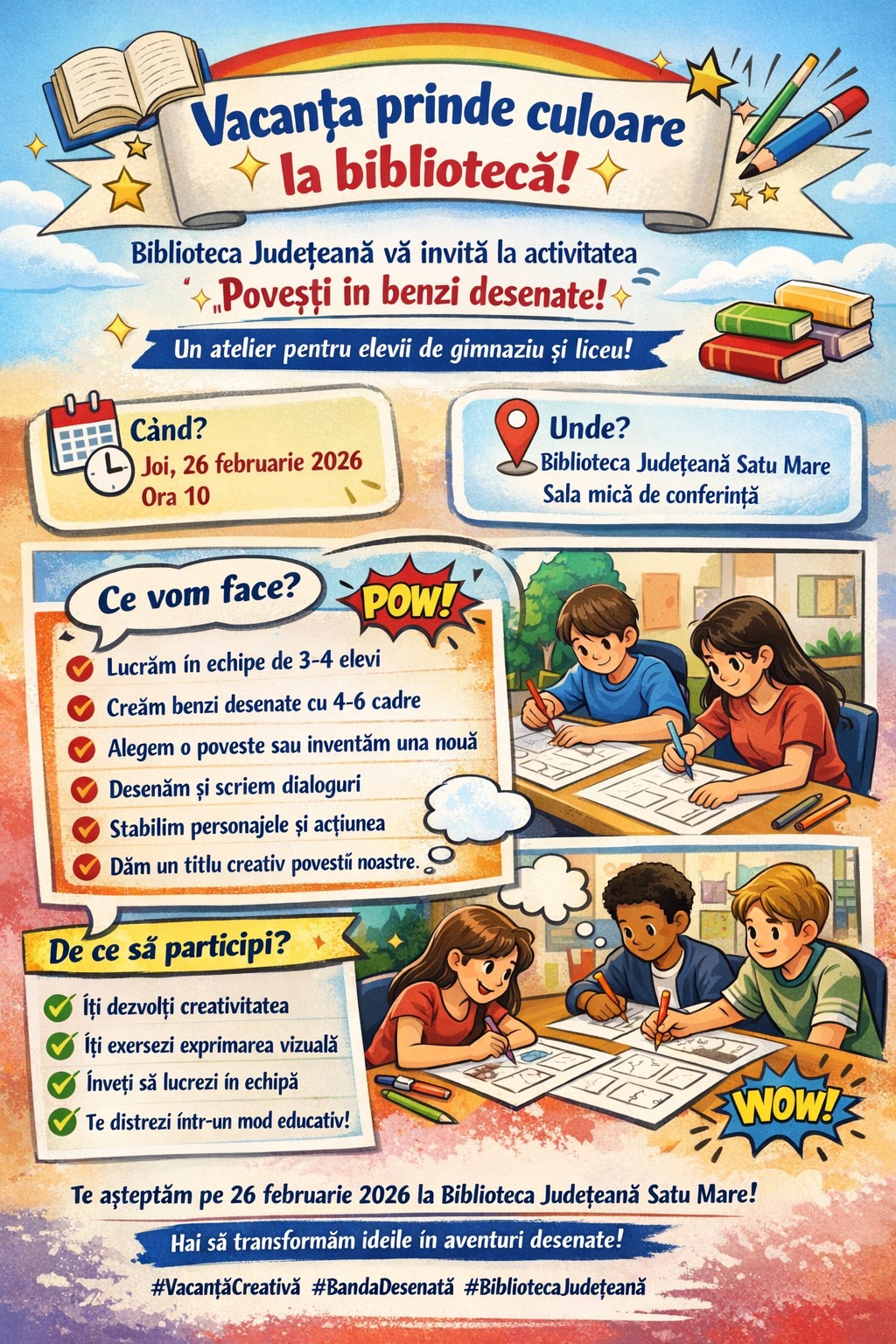 CREATIVITATE Vacanța prinde culoare la Biblioteca Județeană: atelier de benzi desenate pentru tinerii pasionați de povești