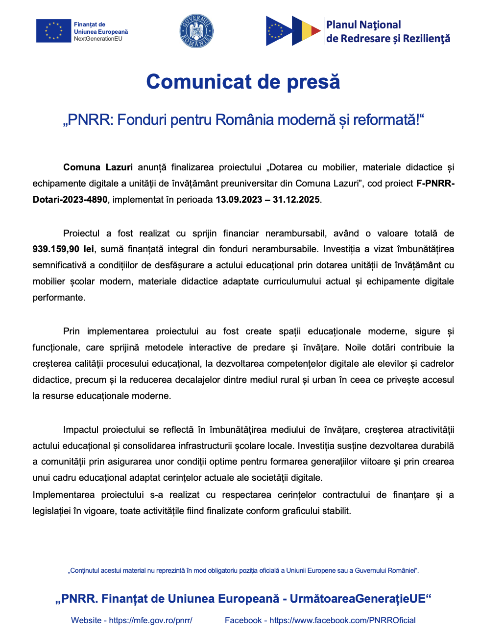 Școala din Lazuri, modernizată prin PNRR cu peste 939.000 de lei