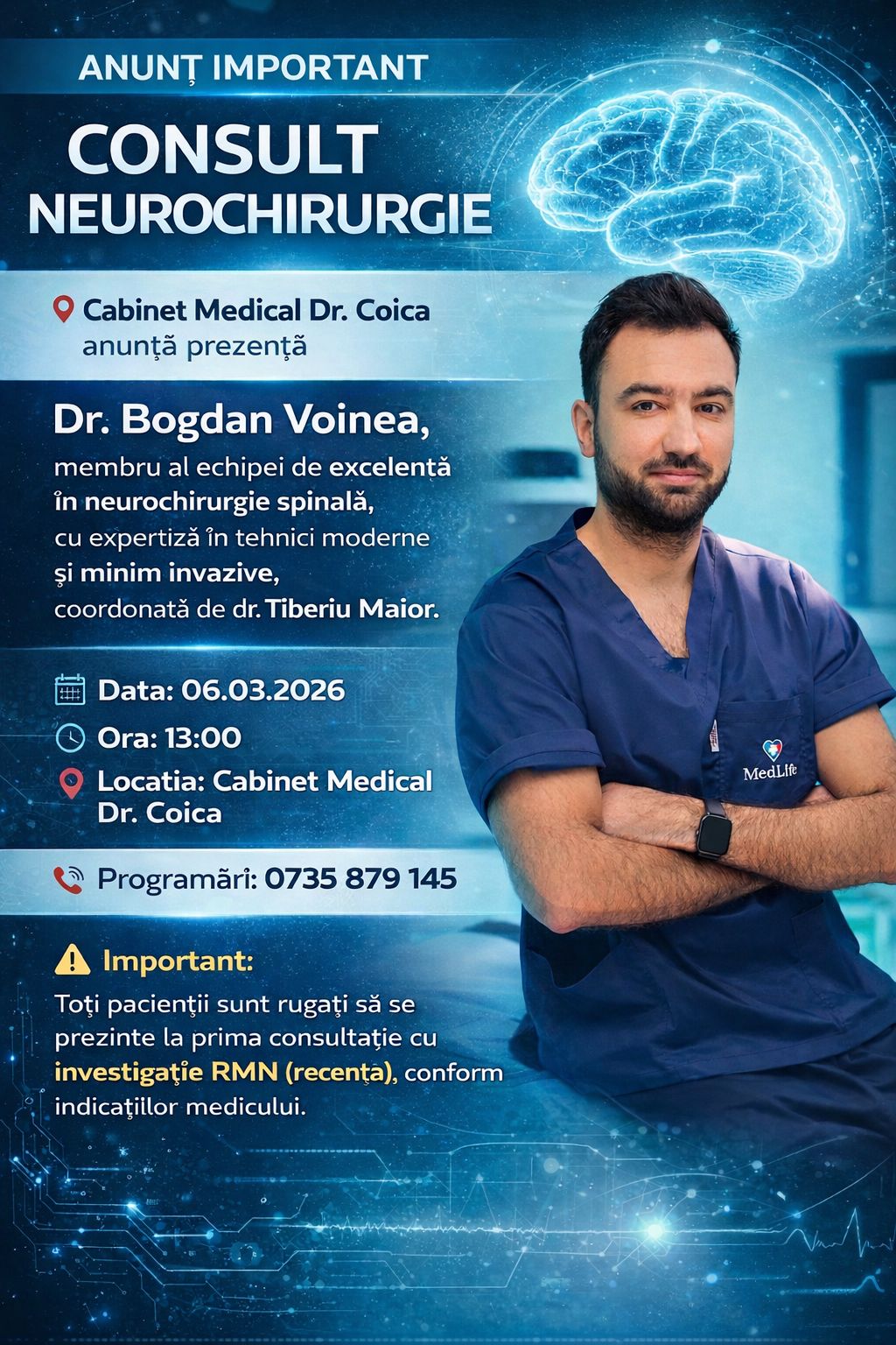 SĂNĂTATE  Consult de neurochirurgie spinală la Cabinetul Medical Dr. Coica, cu un specialist în tehnici moderne și minim invazive