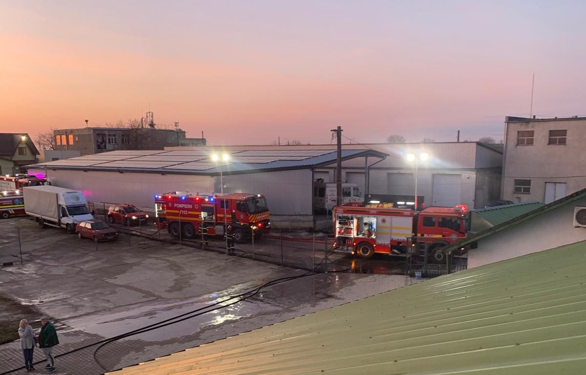FOTO. INTERVENȚIE Incendiu puternic la o hală din Carei: pompierii au împiedicat extinderea flăcărilor
