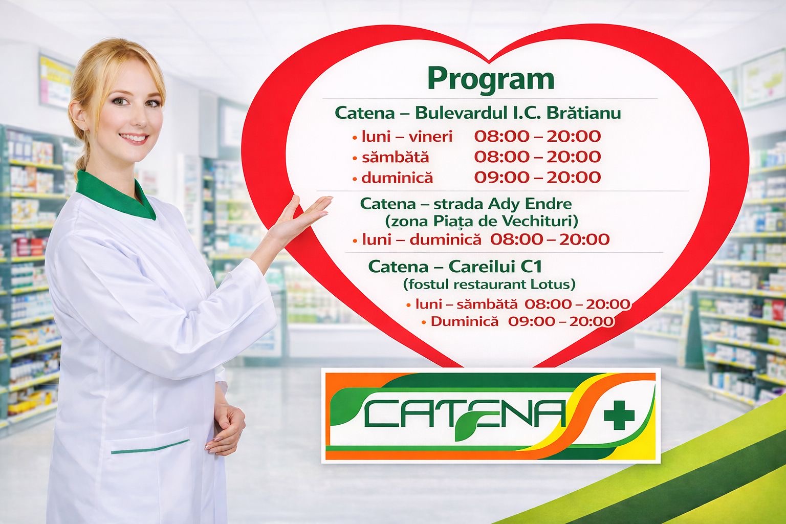 Alături de pacienți! Program extins în weekend la trei farmacii Catena din Satu Mare