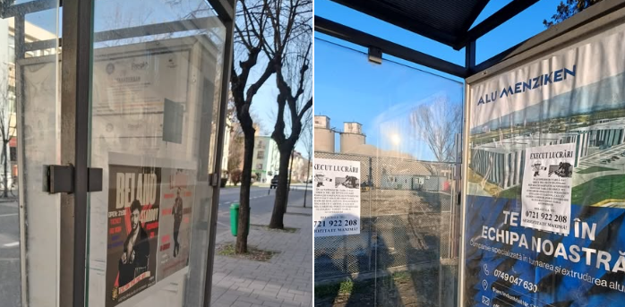 AVERTISMENT. Afișele lipite în stațiile de autobuz pot aduce amenzi de până la 1.500 de lei