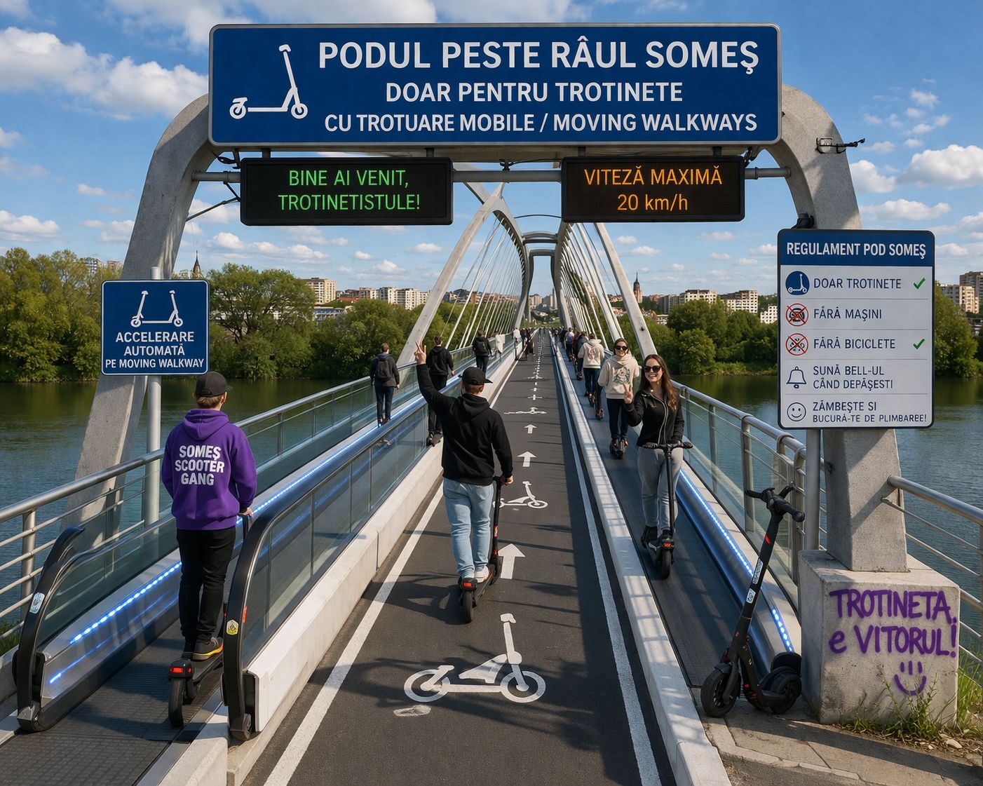 Pod suspendat peste Someș, doar pentru trotinete și selfie-uri